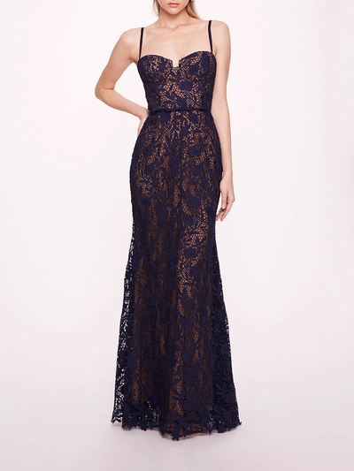 Marchesa Lace Mermaid Gown In Navy