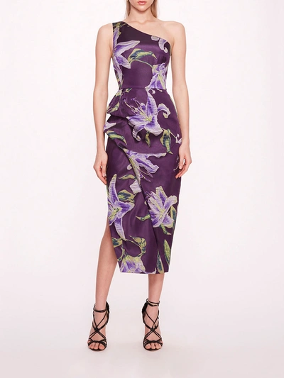 Marchesa One Shoulder Drape Midi Dress In Purple