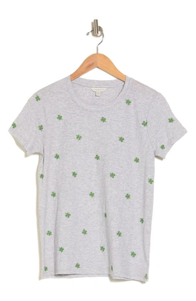 Lucky Brand Clover Embroidered Cotton T-shirt In Heather Grey