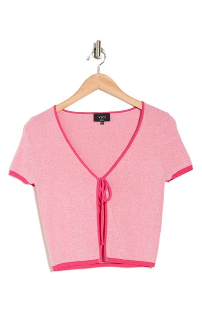 Vici Collection Visalia Tie Front Short Sleeve Crop Cardigan In Pink