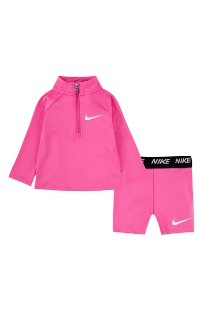 Nike Babies'  Dri-fit Half Zip Jacket & Bike Shorts Set In Pink Glow