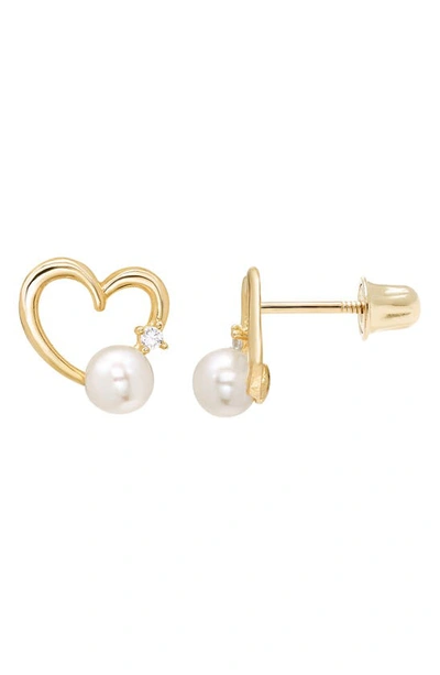 A & M 14k Gold 3mm Pearl Heart Stud Earrings