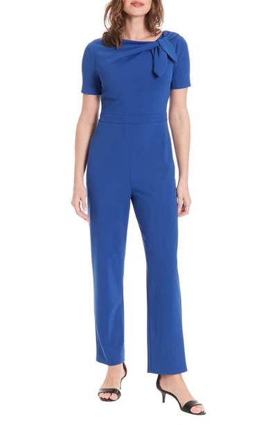 London Times Tie Neck Short Sleeve Jumpsuit In Blue
