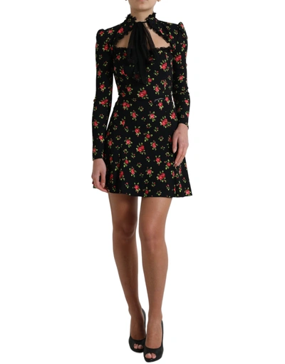 Dolce & Gabbana Black Floral A-line Long Sleeves Mini Dress
