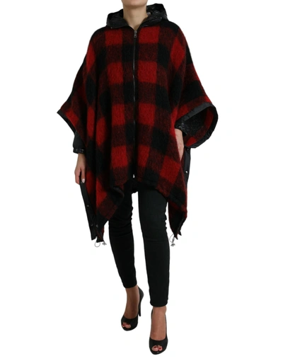 Dolce & Gabbana Black Red Buffalo Check Hooded Poncho Jacket In Black And Red