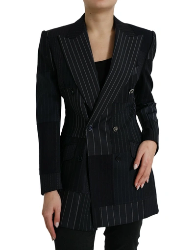 Dolce & Gabbana Black Striped Wool Doublebreasted Coat Women's Jacket