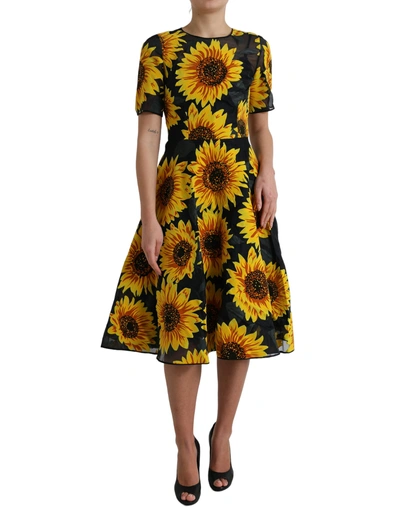 Dolce & Gabbana Black Sunflower Print Nylon A-line Midi Dress