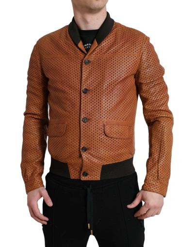 Dolce & Gabbana Elegant Leather Perforated Bomber Men's Jacket In Brown