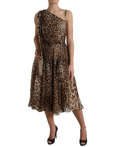 Dolce & Gabbana Brown Leopard Print Silk Ruffled Midi Dress