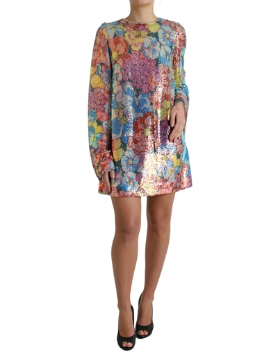 Dolce & Gabbana Multicolor Floral Sequined Shift Mini Dress