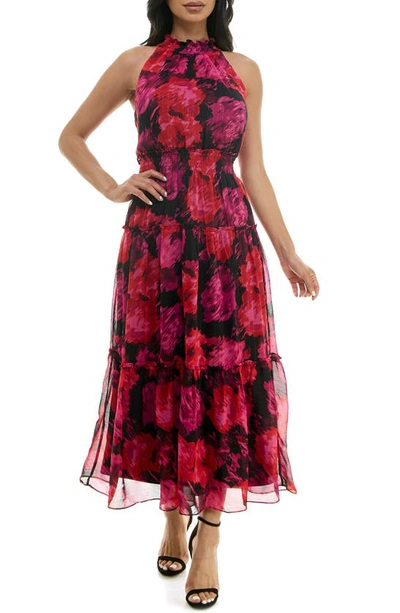 Nina Leonard Floral Sleeveless Tiered Chiffon Maxi Dress In Black/ Red Multi