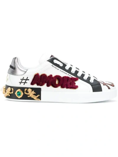 Dolce & Gabbana Portofino Sneakers In Printed Calfskin With Patch And Appliqués In White