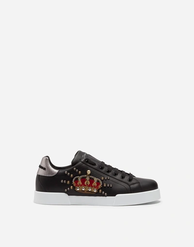 Dolce & Gabbana Calfskin Portofino Sneakers With Patch In Black
