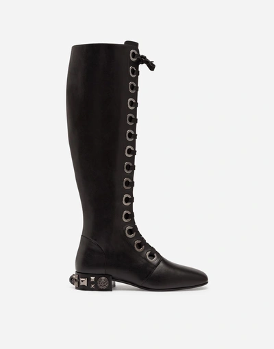Dolce & Gabbana Boots In Nappa Calfskin With Heel Embroidery In Black