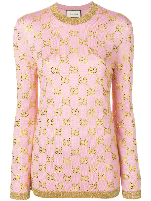 Gucci Gg Beaded Jacquard Crewneck Fine Wool Sweater In Pink | ModeSens