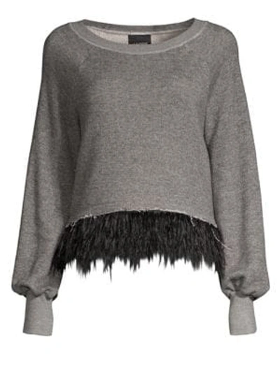 Le Superbe Super Fine Fringe Pullover Sweater W/ Feathers In Dark Heather Ostrich