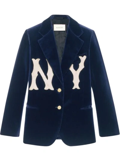 Gucci Two-button Soft Cotton Velvet Jacket W/ Ny Yankees Mlb Patch In Blue