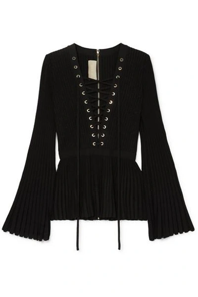 Elie Saab Lace-up Ribbed-knit Top In Black