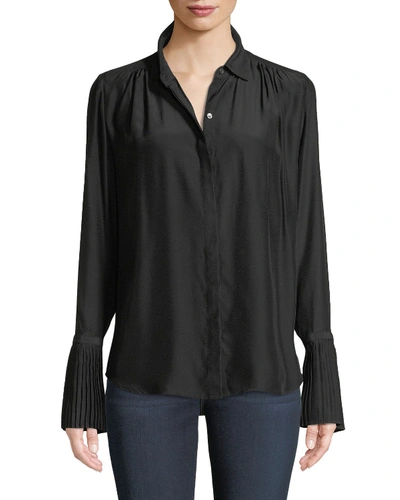 Frame Long-sleeve Pintuck Button-front Silk Blouse In Black