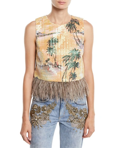 Le Superbe Hawaiian Shine Sequin Top With Feathers In Multi