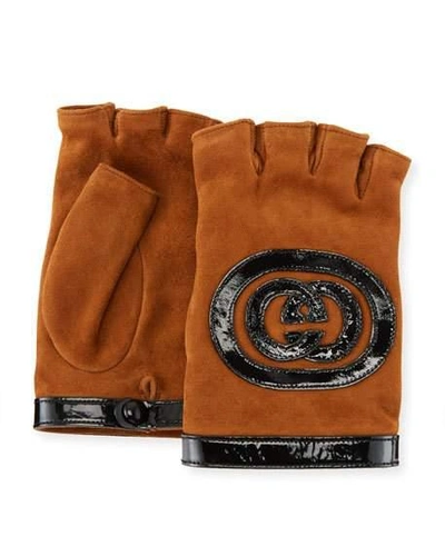 Gucci Suede Fingerless Gloves W/ Interlocking Gg Leather Trim In Brown/black