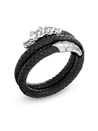 John Hardy Sterling Silver Legends Naga Double Coil Bracelet With Braided Black Leather & Sapphire Eyes