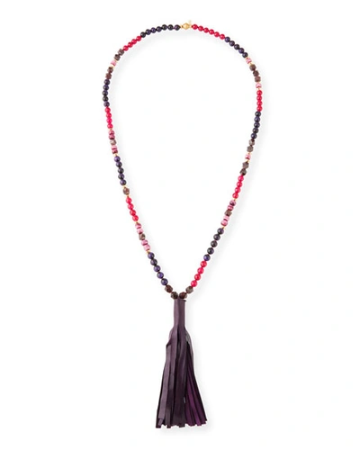Akola Beaded Leather Tassel Necklace In Pink/purple