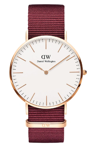 Daniel Wellington 36mm Classic Roselyn Watch W/ Nylon Strap In Red/ White/ Rose Gold
