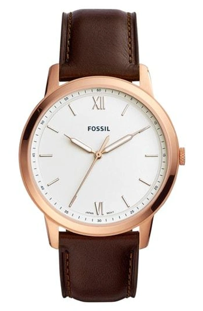 Fossil Men's Minimalist Brown Leather Strap Watch 44mm In Rose