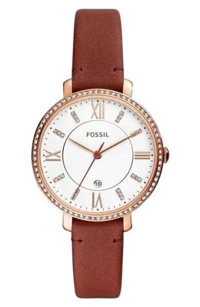 Fossil Jacqueline Crystal Bezel Leather Strap Watch, 36mm In Brown/ Silver/ Rose Gold