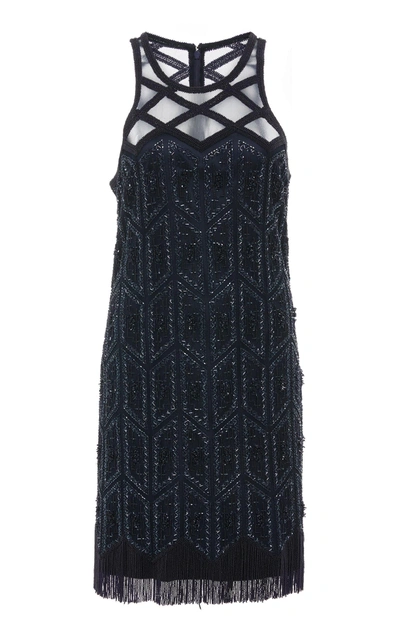 Joanna Mastroianni Deco Embroidered Flapper Dress In Navy