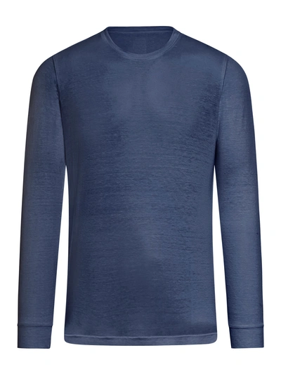 120% Lino Long Sleeves Linen Tshirt In Blue