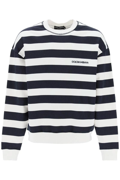 Dolce & Gabbana Striped Sweatshirt With Embroidered Logo In Bianco