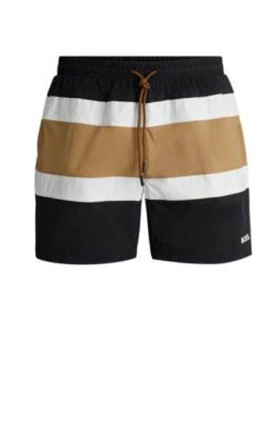 Hugo Boss Quick-dry Swim Shorts With Block Stripes In Black