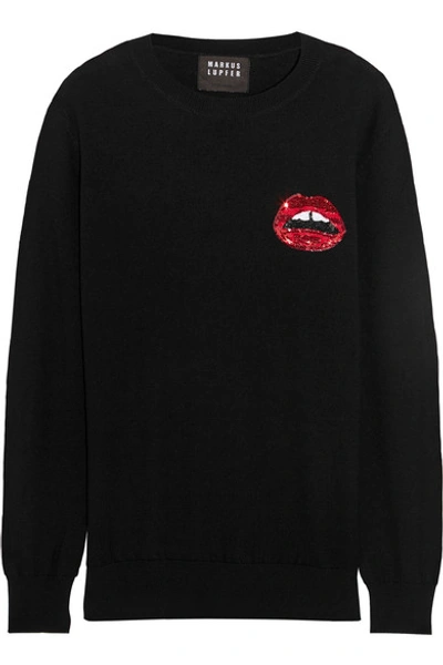 Markus Lupfer Lara Lip Natalie Sequin-embellished Merino Wool Sweater In Black