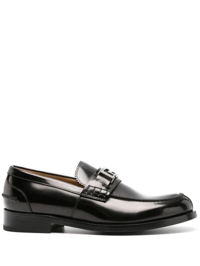 Versace Calf Leather Loafer Shoes In Black
