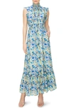 Melloday Smocked Mock Neck Tiered Maxi Dress In Green Floral | ModeSens