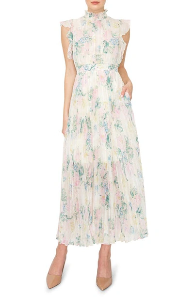 Melloday Patterned Flutter Sleeve Maxi Dress In Ivory Pink