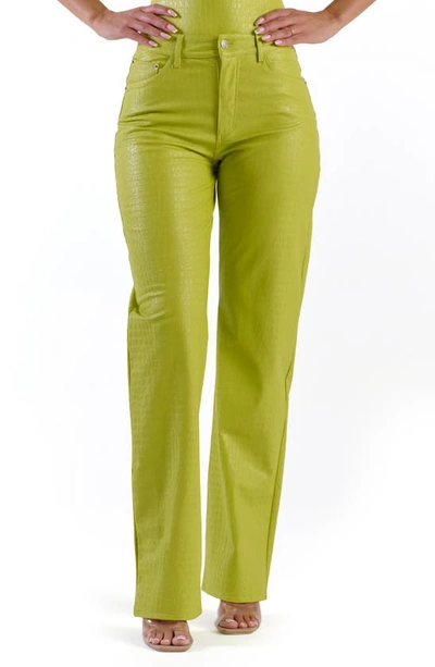 Naked Wardrobe Straight Croc Faux Leather Straight Leg Pants In Chartreuse