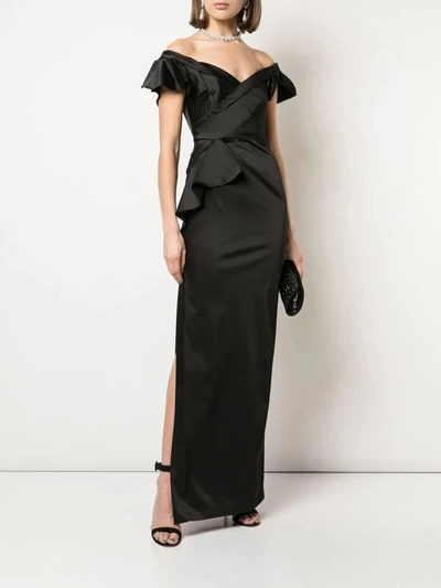 Marchesa Off-the-shoulder Satin Draped Gown In Black
