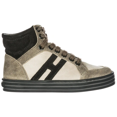 Hogan Rebel Boys Shoes Child Sneakers High Top Suede Leather R141 In Green