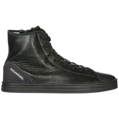 Hogan Rebel Men's Shoes High Top Leather Trainers Sneakers R141 In Black