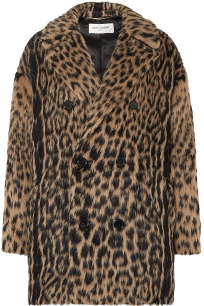 Saint Laurent Double-breasted Leopard-print Wool-blend Coat In Black
