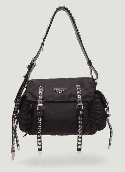 Prada Nylon Studded Shoulder Bag In Black