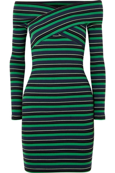 Opening Ceremony Off-the-shoulder Striped Ribbed Stretch-cotton Mini Dress In Green