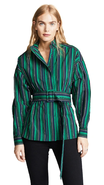 Opening Ceremony Stripe Belted Long Sleeve Top In Green Multi