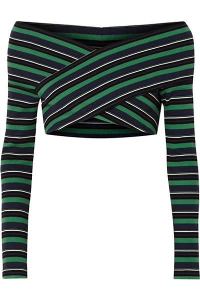Opening Ceremony Cropped Off-the-shoulder Striped Ribbed Stretch-cotton Top In Green