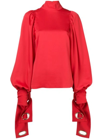 Self-portrait Exaggerated-cuff Satin Blouse In Red