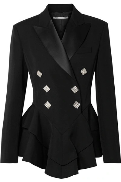 Alessandra Rich Crystal-embellished Satin-trimmed Wool-crepe Peplum Blazer In Black