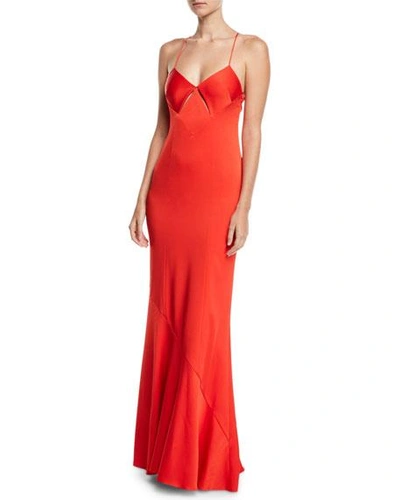 Galvan Diamond-cutout V-neck Cami-straps Satin Back Crepe Evening Gown In Red